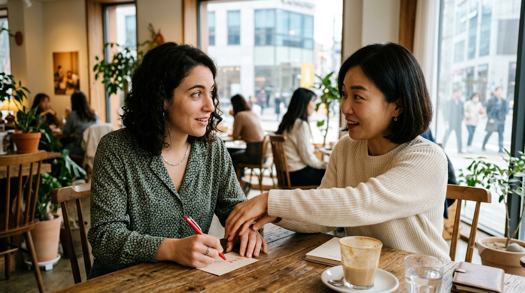 Korean person stopping someone from writing a name with a red pen