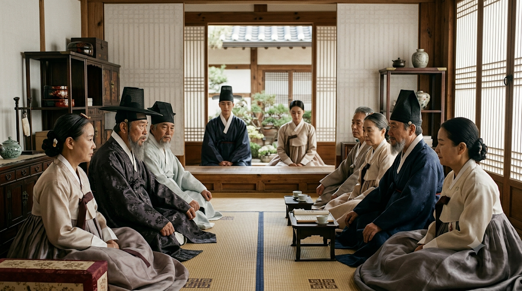 Yangban families discussing marriage and lineage in Joseon Korea