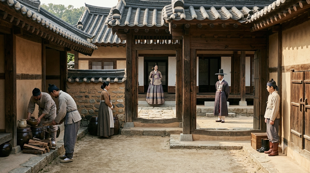 Hanok doorway separating a noblewoman and nobleman in Joseon Korea