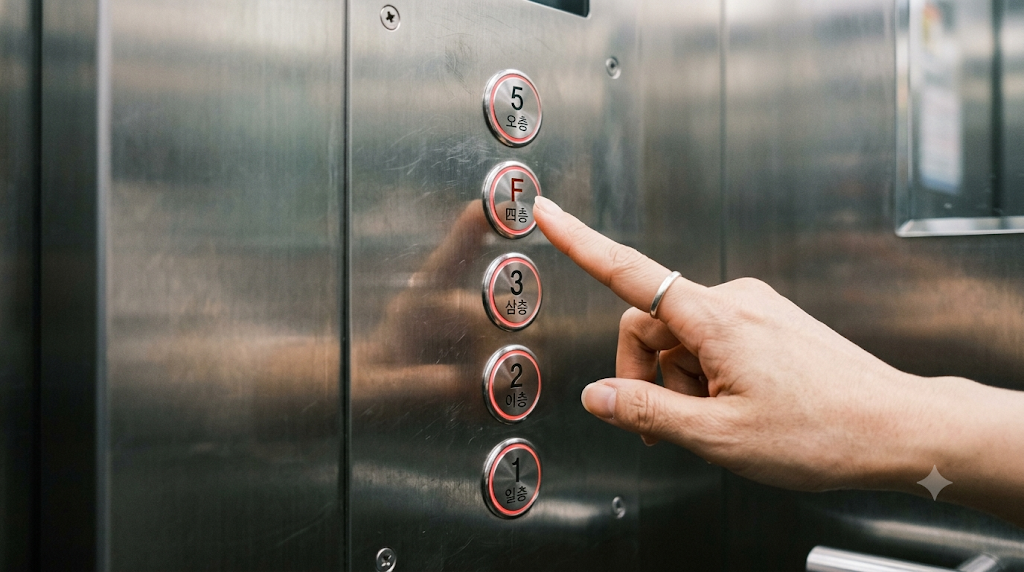 F button replacing the fourth floor in a Korean elevator